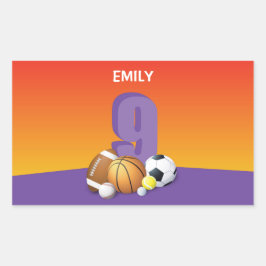 ガール9th誕生日スポーツボール 長方形シール