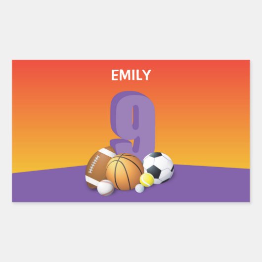ガール9th誕生日スポーツボール 長方形シール (正面)