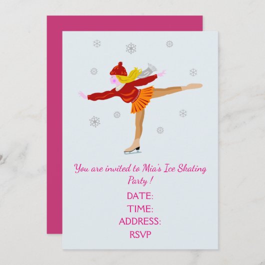 ガール/ア10代のイススケートで滑るパーティー 招待状 (正面/裏面)