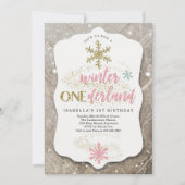 ガール ウィンター ワンダーランド テーマのファースト バースデー パーティー 招待状 (正面)