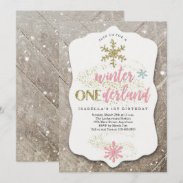 ガール ウィンター ワンダーランド テーマのファースト バースデー パーティー 招待状