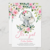 ガール エレファント ブラッシュ ピンクの花 緑の葉 招待状 (正面/裏面)