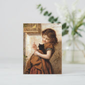 ガール・キティ・キャット&バード – ヴィンテージ絵画ズ ポストカード (スタンド正面)