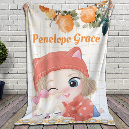 ガール&キャットオレンジバラ+名前をカスタムする シェルパブランケット