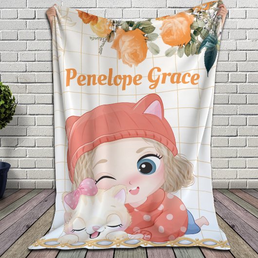 ガール&キャットオレンジバラ+名前をカスタムする シェルパブランケット