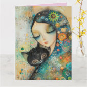 ガール&キャット誕生日フレンドグリーティングカード カード (黄色い花)