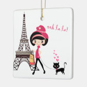 ガール&キャットinパリエッフェルタワークリスマス セラミックオーナメント (左)