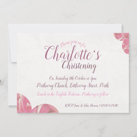 ガール《キリスト教》洗礼式や命名式ピンク&ホワイトフラワー招待状 招待状 (裏面)