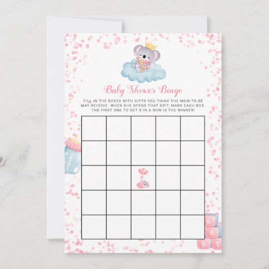 ガール・コアラ熊ベビーシャワービンゴカード 招待状 (正面)