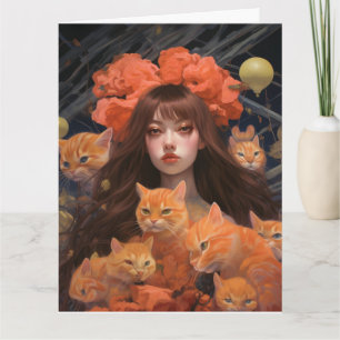 ガール&ジンジャーキャット猫誕生日ビッググリーティングカード カード