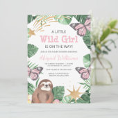 ガール / ナマケモノ / 蝶 / 偽のゴールドのベビーシャワー 招待状 (スタンド正面)