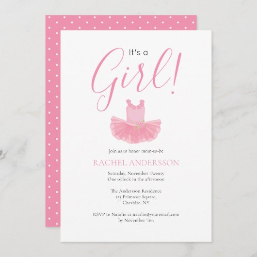 ガール バレリーナ ピンク ベビーシャワー 招待状 (正面/裏面)