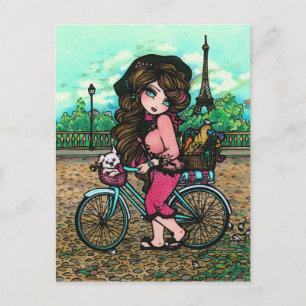 ガール&パピフランスのー・パリ自転車アートハガキ ポストカード