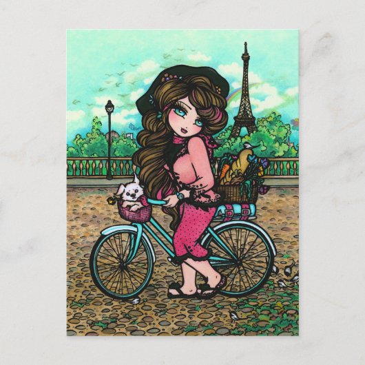 ガール&パピフランスのー・パリ自転車アートハガキ ポストカード (正面)