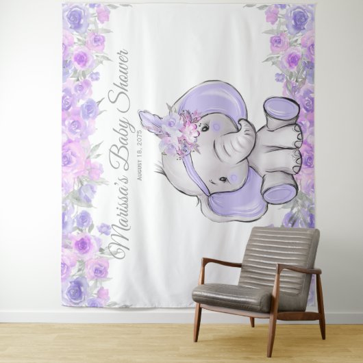 ガール パープル ボヘミアンレトロ ゾウ 赤ちゃんシャワー XL 背景 タペストリー (インサイチュ)