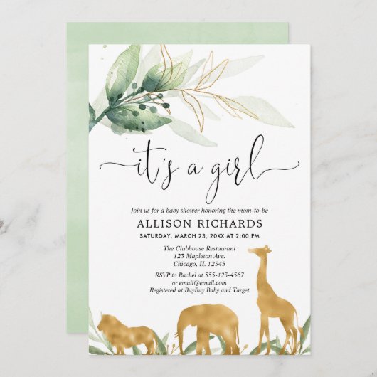 ガール·ベイビー·シャワー、サファリ·ジャングル·金ゴールド 招待状 (正面/裏面)