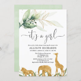 ガール·ベイビー·シャワー、サファリ·ジャングル·金ゴールド 招待状