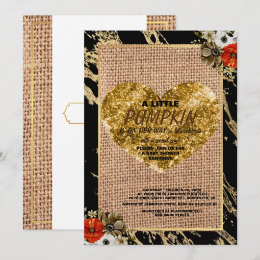 ガール ベイビー シャワー 秋のカボチャ ラスティック バルラップ ウッド 招待状 (正面/裏面)