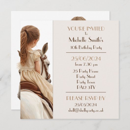 ガール&ポニー誕生日パーティー 招待状 (正面/裏面)