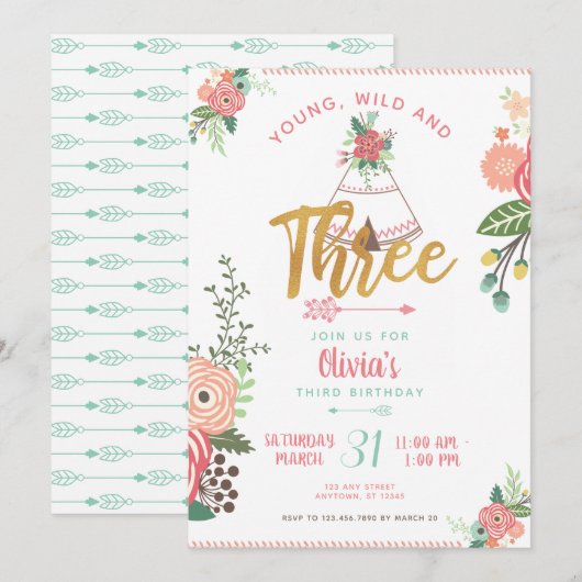 ガール ヤング ワイルド スリー ボーホー トライバル バースデー インビテ 招待状 (正面/裏面)