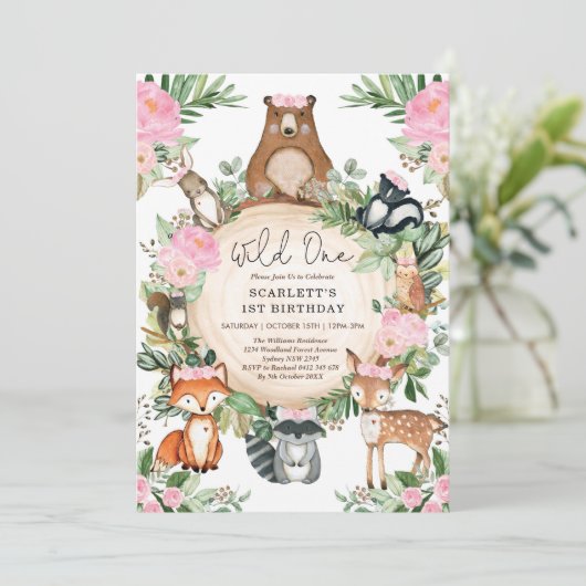 ガール·ワイルド·ワン·ピンク·フローラ·ウッドランド1歳の誕生日 招待状 (スタンド正面)