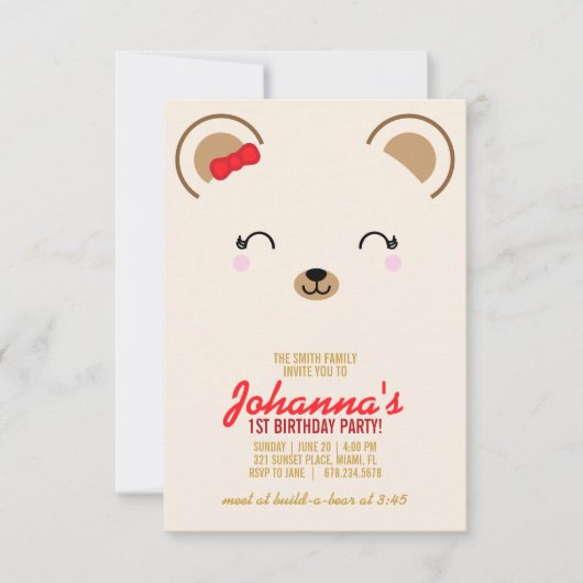 ガールANY AGEテディベアピクニックバースデーパーティー 招待状 (正面)