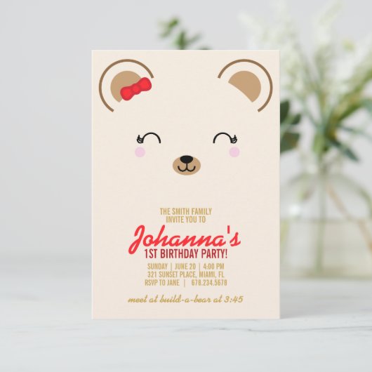 ガールANY AGEテディベアピクニックバースデーパーティー 招待状 (スタンド正面)