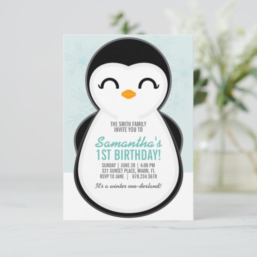 ガールANY AGE冬ペンギン誕生日かわいいパーティー 招待状 (スタンド正面)