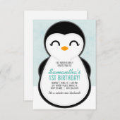 ガールANY AGE冬ペンギン誕生日かわいいパーティー 招待状 (正面/裏面)