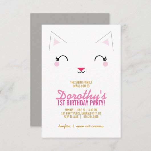 ガールANY AGE子猫の誕生日パーティーピンク 招待状 (正面/裏面)