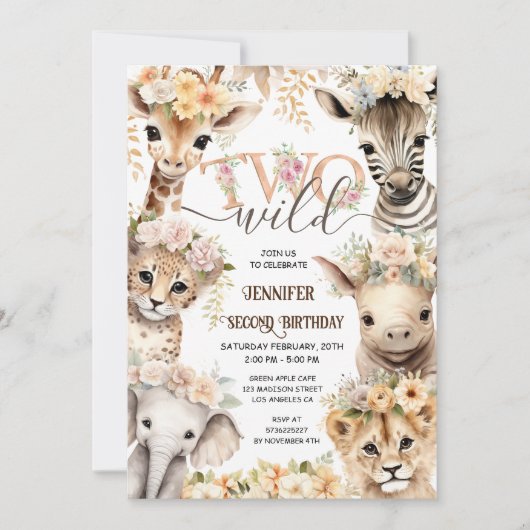 ガールTWOワイルドサファリアニマルズ2nd誕生日 招待状 (正面)