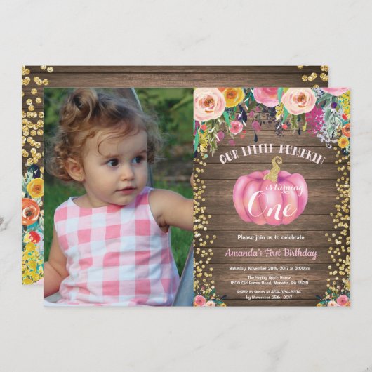 ガー素朴ルパンプキンファースト誕生日フローラ金ゴールド 招待状 (正面/裏面)