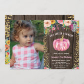 ガー素朴ルパンプキンファースト誕生日フローラ金ゴールド 招待状 (正面/裏面)