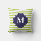 キウイグリーンとネイビーブルーのストライプズモノグラム クッション (正面)
