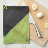 キウイバッシュグリーンとブラックモノグラム キッチンタオル (四つ折り)
