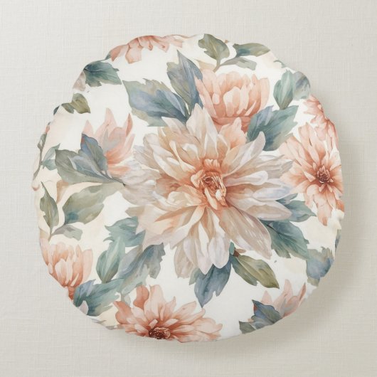 キクの花の水彩植物画模様 ラウンドクッション (正面)