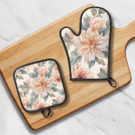 キクの花の水彩植物画模様 鍋つかみ&鍋敷きセット