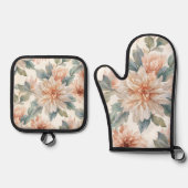 キクの花の水彩植物画模様 鍋つかみ&鍋敷きセット (正面)