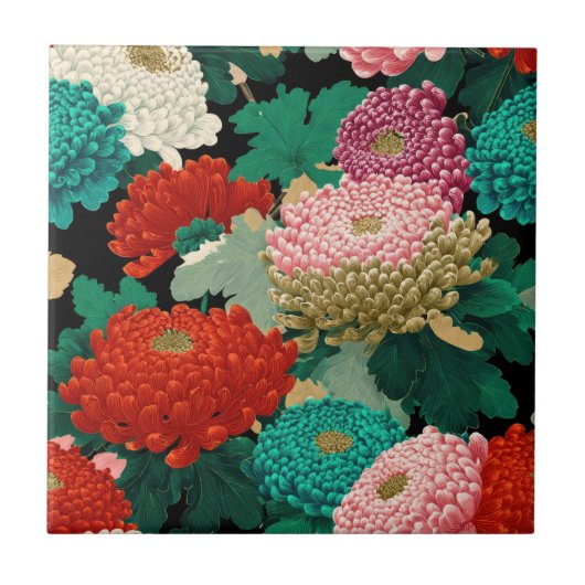 キクの花　ヴィンテージ フラワー柄 タイル (正面)