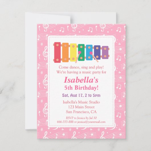 キシロフォン音楽をテーマにした誕生日パーティー 招待状 (正面)