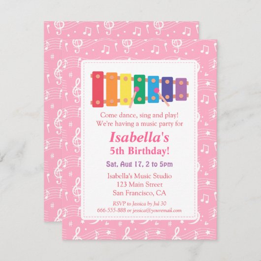 キシロフォン音楽をテーマにした誕生日パーティー 招待状 (正面/裏面)