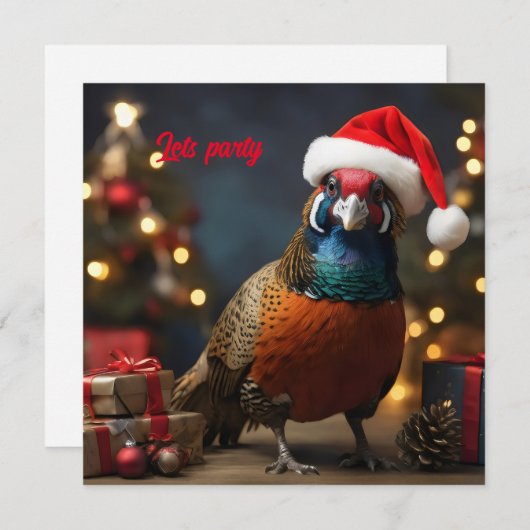 キジがサンタ帽をかぶっている 招待状 (正面/裏面)