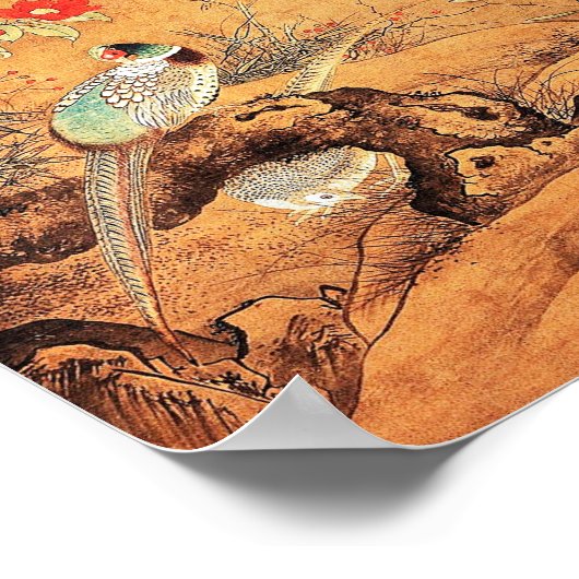 キジとツバキの中国のオリエンタルインクの芸術 ポスター (角)