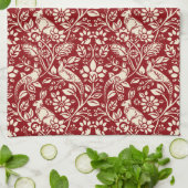 キジとハレ模様、深いレッド&クリーム キッチンタオル (折り畳み)