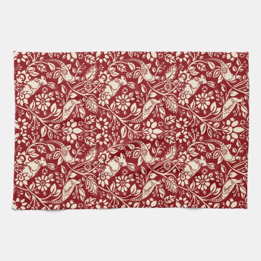 キジとハレ模様、深いレッド&クリーム キッチンタオル (横)