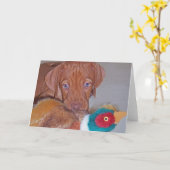 キジの挨拶状(写真)を持つVizslaの子犬 カード (黄色い花)
