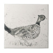 キジの鳥 ヴィンテージ動物 水彩画 黒 タイル (正面)