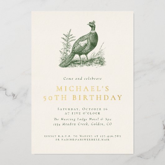 キジエレガントャント狩りグリーン大人誕生日 箔招待状 (正面)