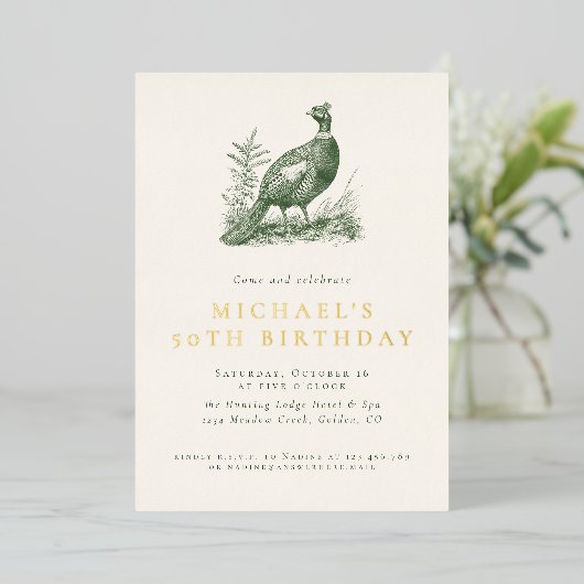 キジエレガントャント狩りグリーン大人誕生日 箔招待状 (立ち正面)
