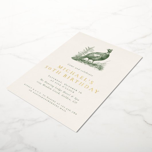 キジエレガントャント狩りグリーン大人誕生日 箔招待状 (回転した状態)